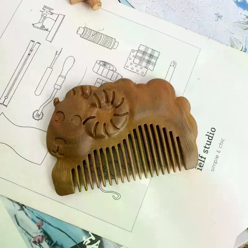 Natural Sandalwood Hair Comb Mini Baby Zodiac Sheep Hair Comb Women Wooden Detangle Combs Anti-Static Scalp Massager Hair Care