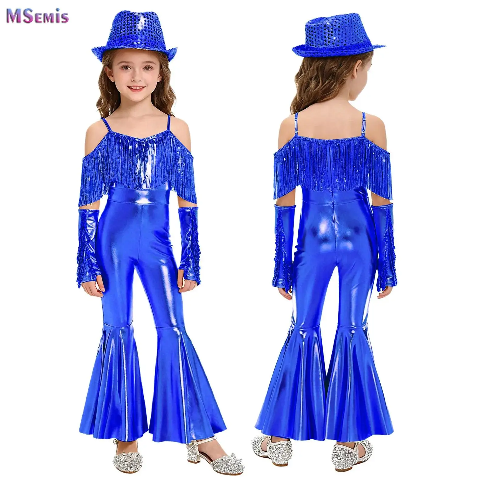 

Kid Girls Cowgirls Halloween Cosplay Jumpsuit Disco Jazz Dance Performance Costume Sleeveless Sequins Tassels Unitard+Hat+Gloves