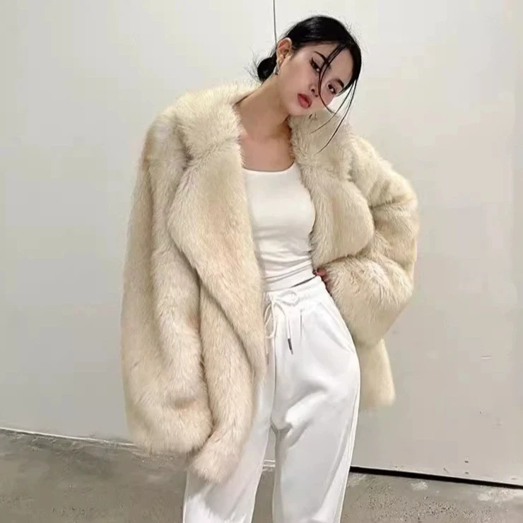 Temperament Elegant Faux Fur Coat Women Fashion Streetwear Lapel Long Sleeve Warmth Artificial Fur Coats Winter Female Clothing