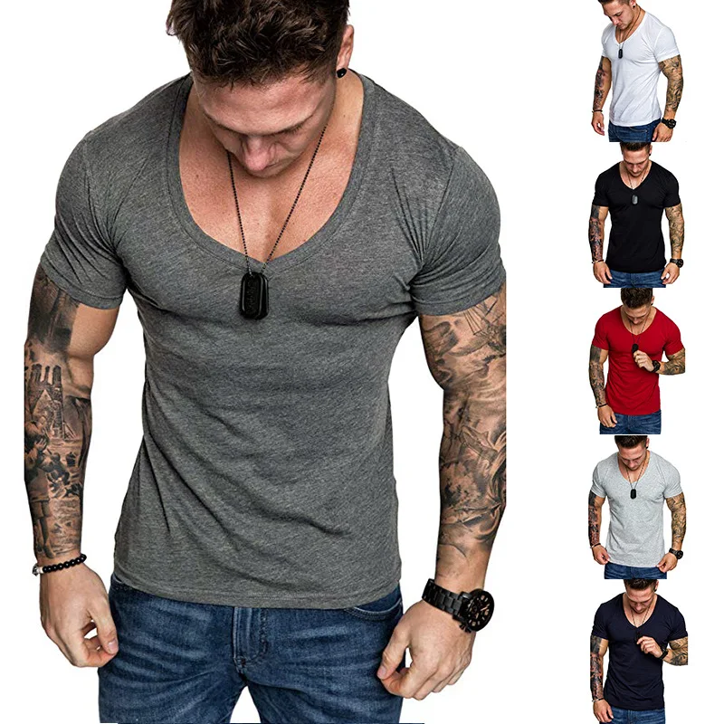 2024 New Men\'s T-shirt Multi color Fitness Men\'s T-shirt V-neck Men\'s T-shirt Casual Sports T-shirt