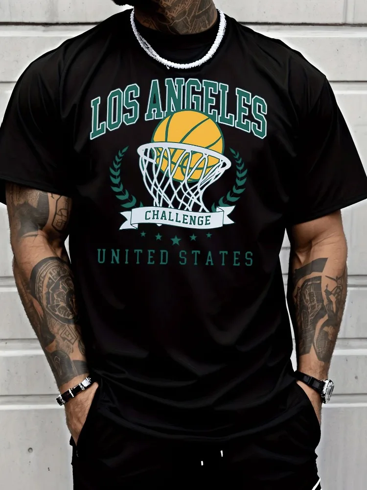 Men Summer Cotton Short Sleeve T Shirt Los Angeles Basketball Hoop Challenge Star Wreath Print Crew Neck Sports Casual Male Tee