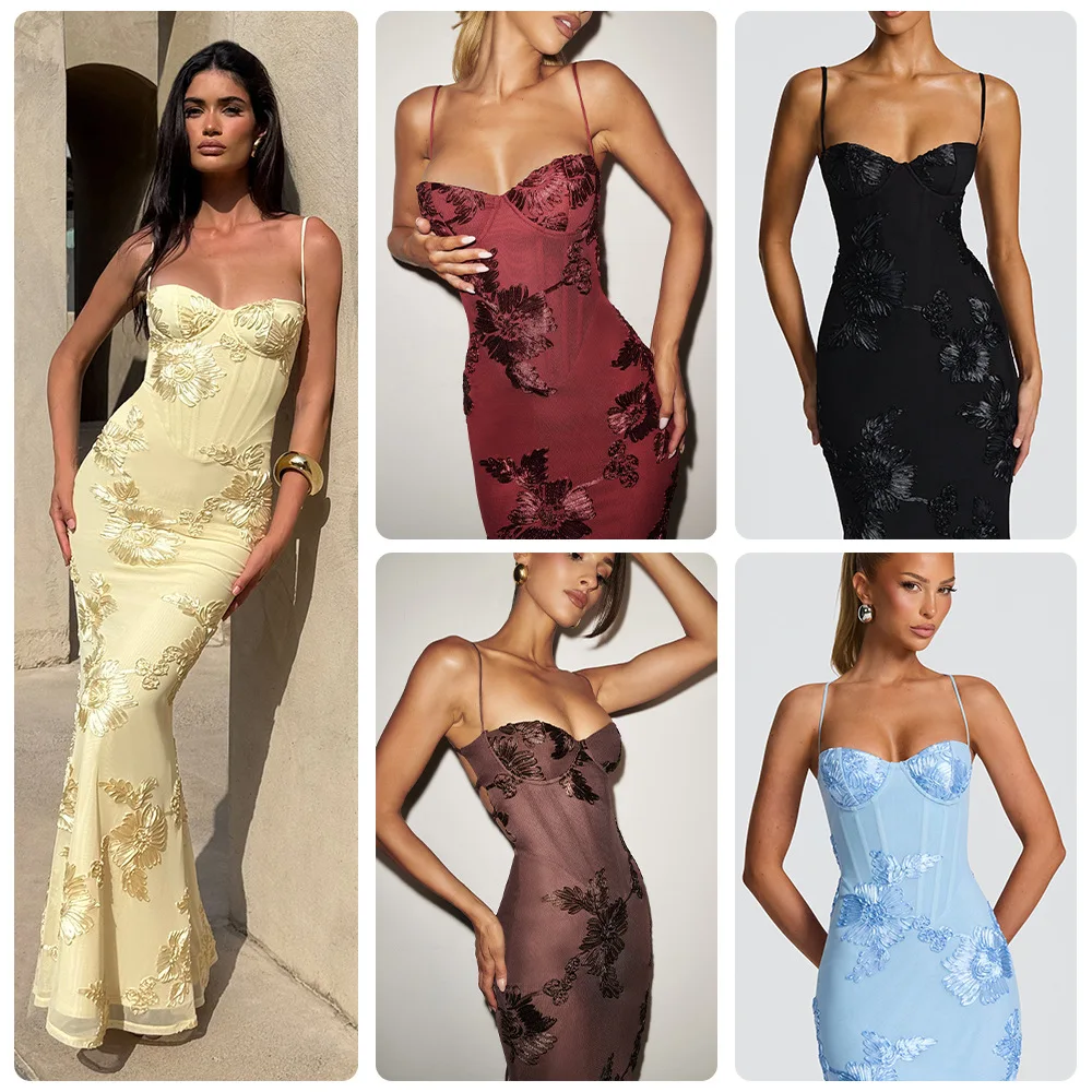 

Весенне-летнее новое модное женское длинное платье с объемной вышивкой, сексуальное, с открытой спиной, с перекрестными завязками, для банкетов