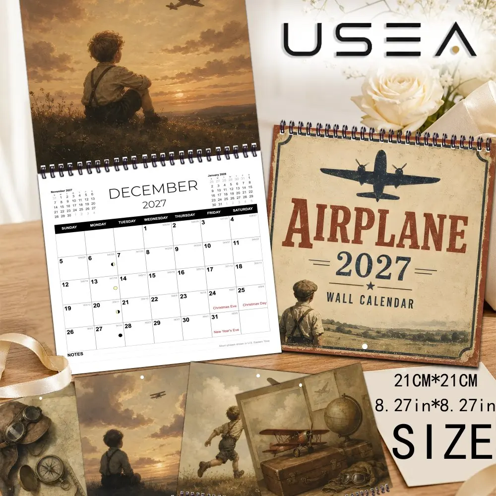 2027 Airplane Vintage Wall Calendar, 12 Month Monthly Planner, Habit Tracker,Twin Wire Spiral Binding,Christmas New Year Gift