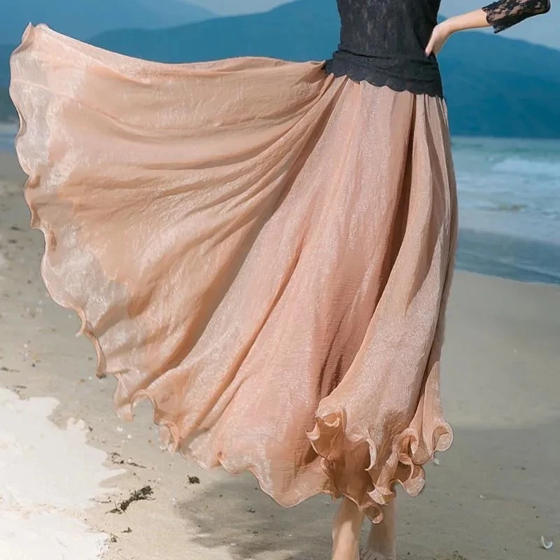 Beach Vacation Skirts Summer New Large Swing Bohemian Long Skirt Women High-grade Double Layer Bohemian Dance Chiffon Maxi Skirt