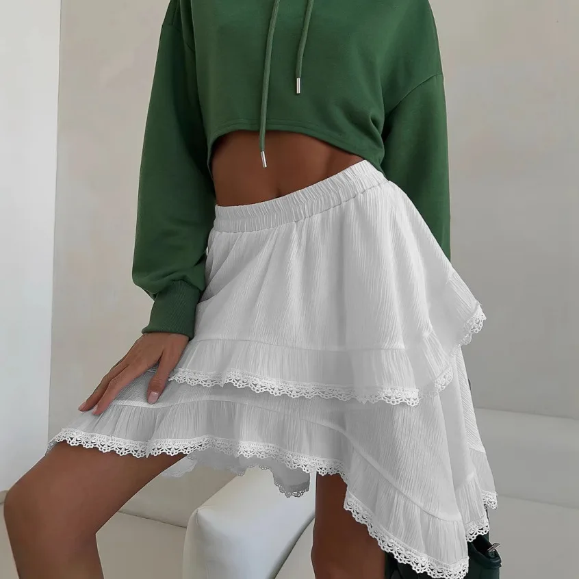 

White Lace Irregular A-line Mini Skirt Loose 2024 Summer Bohemian Holiday Beach Skirts Women Jupe