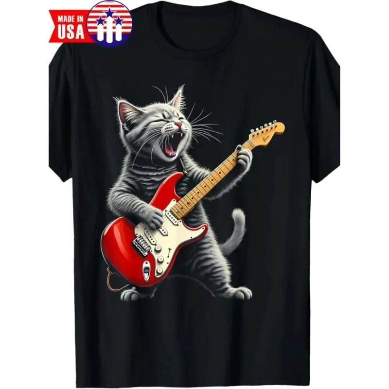 Men's Retro Rock Star Cat Playing Guitar Graphic T-Shirt - Soft Cotton, Round Neck, Black with Vibrant Red Guitar Design,