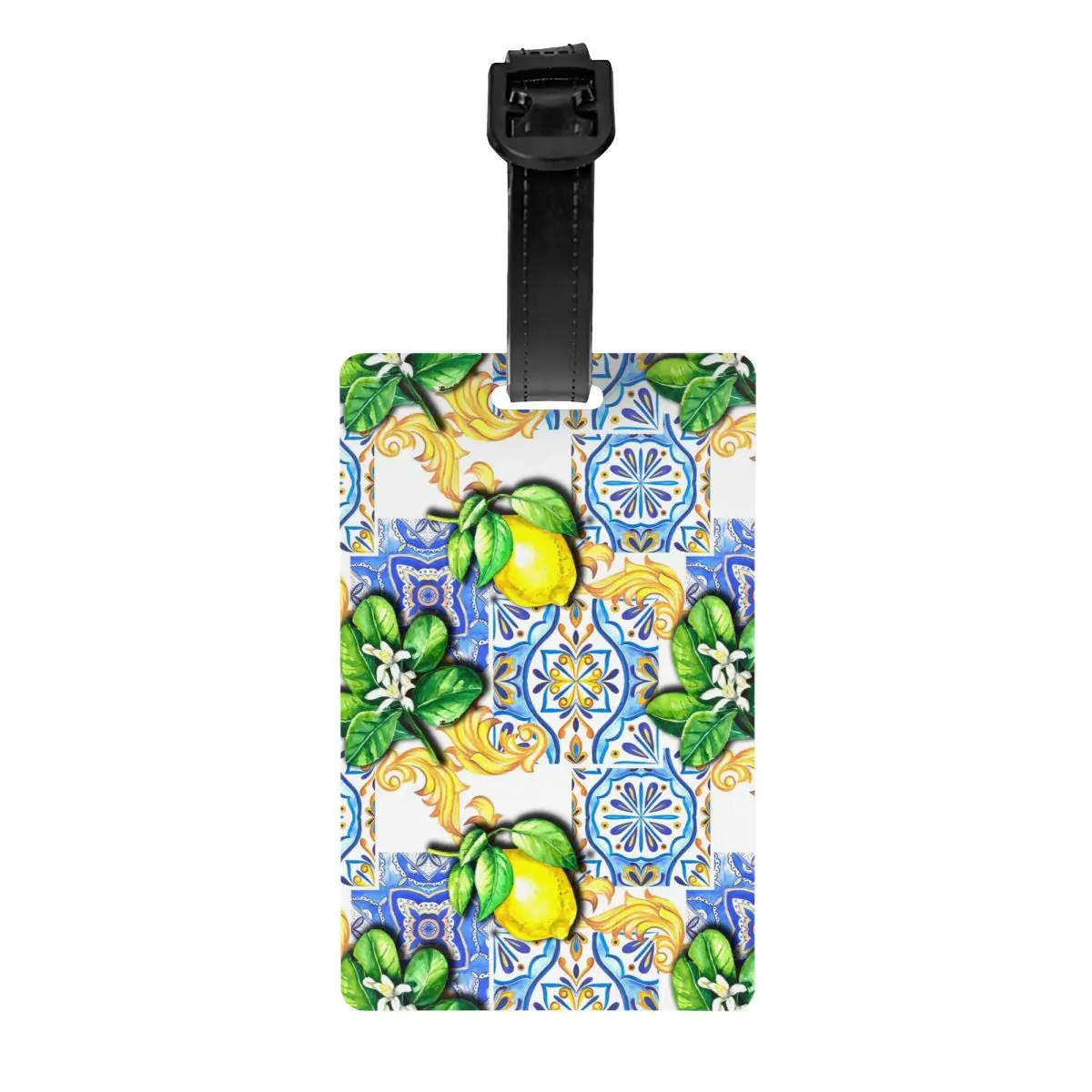 

Custom Mediterranean Tiles Summer Fruit Lemons Luggage Tag With Name Card Privacy Cover ID Label for Travel Bag Suitcase