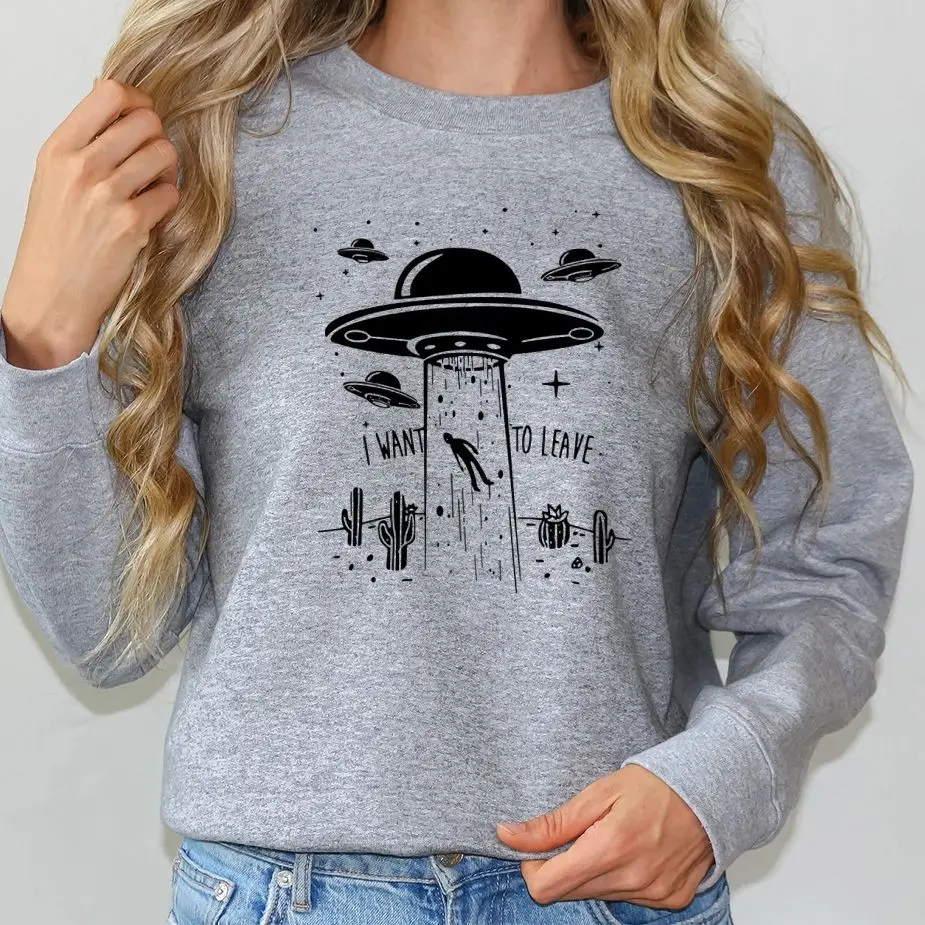 

UFO Desert I Want To Leave Retro Vintage Sweatshirt Graphic Hoodies Y2K Casual Daily Wear Unisex Versatile Stylish Pullover