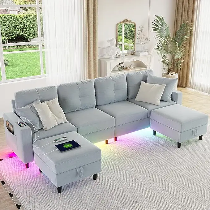 

LED Sectional Couches for Living Room, Modern Modular Sectional Sofa with Charging Station, U-Shaped 4 Seat Sofa Set