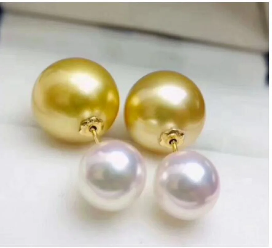 Gorgeous AAAAA 7-8mm 10-11mm Natural Round White Gold Pearl Earrings 18K Gold-