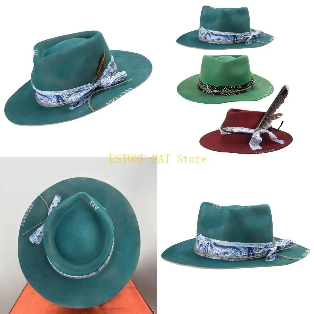 49MF Homburg Hat Panama Hat Gift for Boyfriend Wool Hat Wide Brimmed