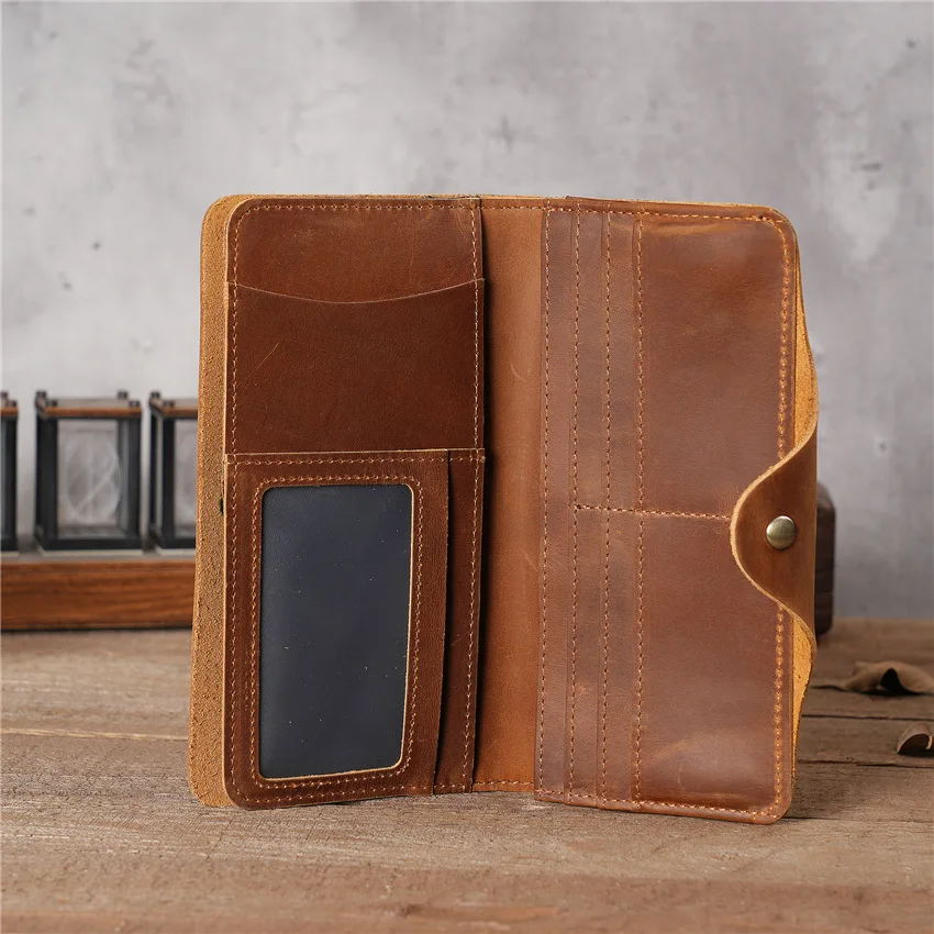 1132 Men's Leather Bifold Wallet Long Top Layer Cowhide Wallet with Multiple Card Slots and Button Pockets