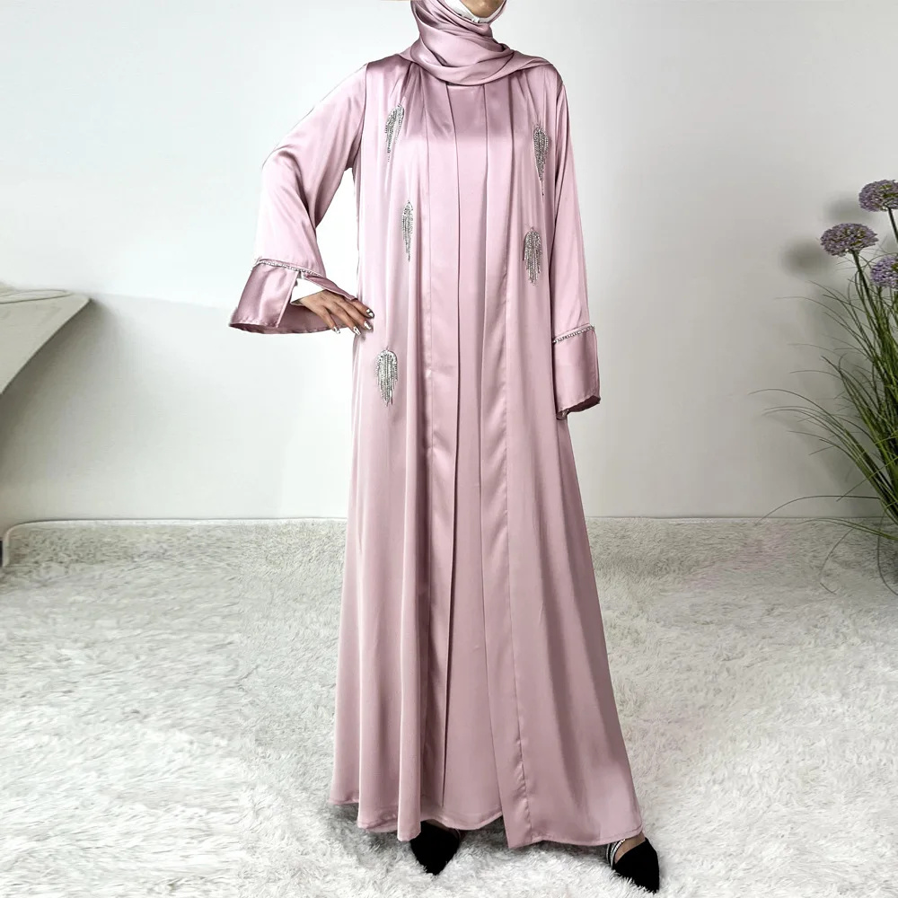 Dubai feminino aberto quimono abaya vestido interno kaftan muçulmano conjunto com lenço cinto islam robe marrocos turquia roupas islâmicas caftan