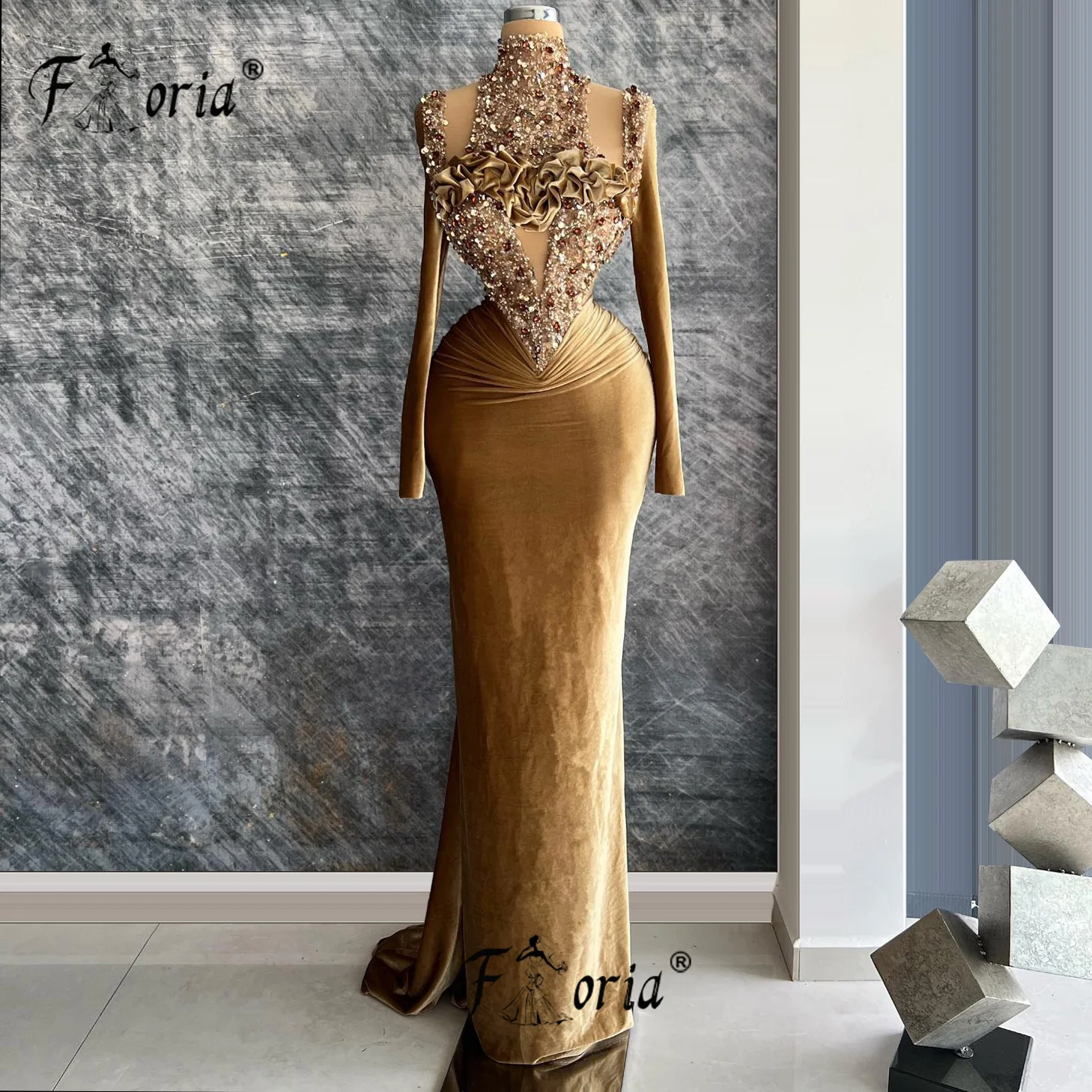 

Vintage Beaded Appliques Formal Evening Dresses Customized Woman Velvet Long Sleeve Mermaid Wedding Party Gown Robe de Mariee