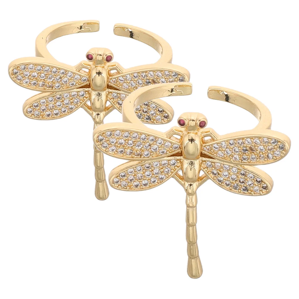 

2Pcs Dragonfly Open Ring Gold Plated Copper Elegant Zircon Rings for Women Fashion Statement Jewelry Daily Wear Party