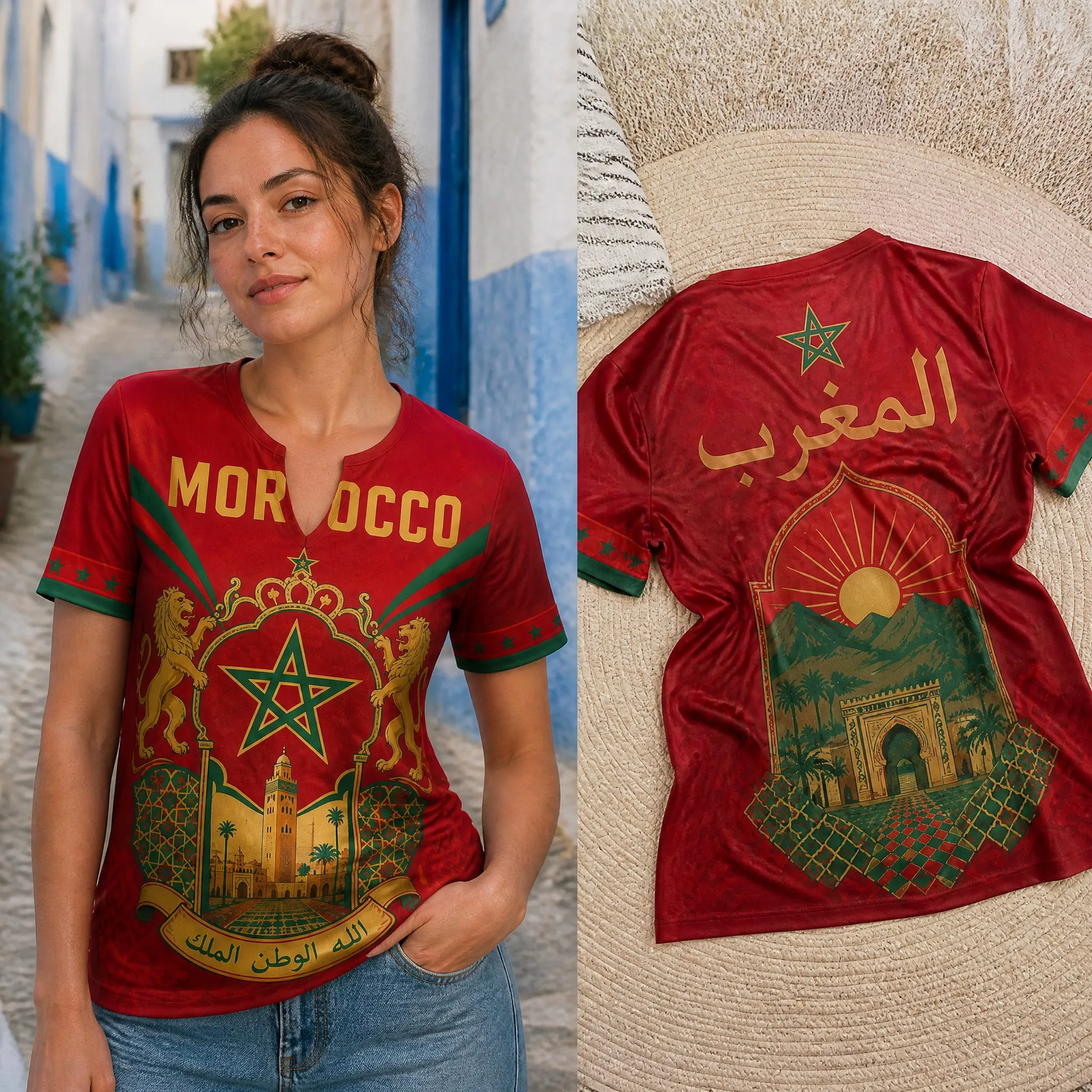 Womens V Neck Short Sleeve Morocco T Shirt Yellow Crest Mountain Castle Print Casual Summer Graphic Tee Daily Style Street Style