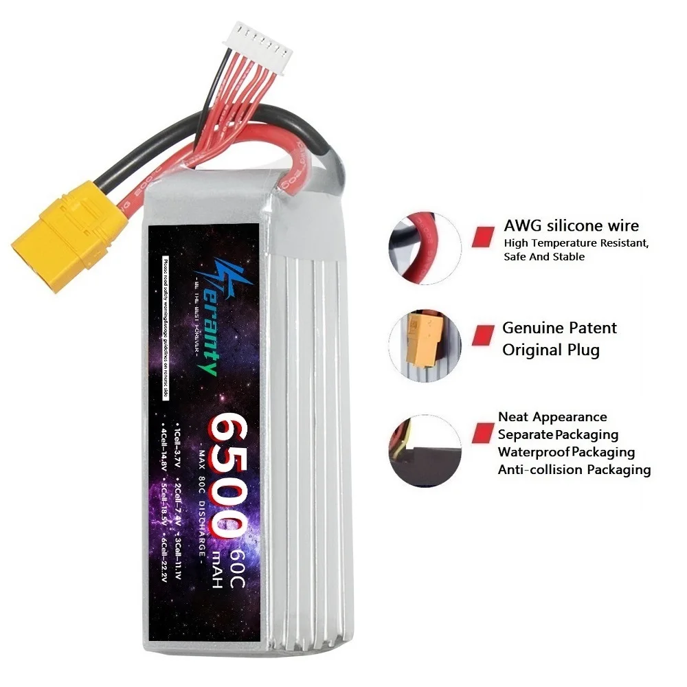 TERANTY 6S 22.2V Lipo Battery 6500mAh 60C Soft Pack with XT60 Connector for RC Car Truck Tank Boat Racing Hobby Drone battery