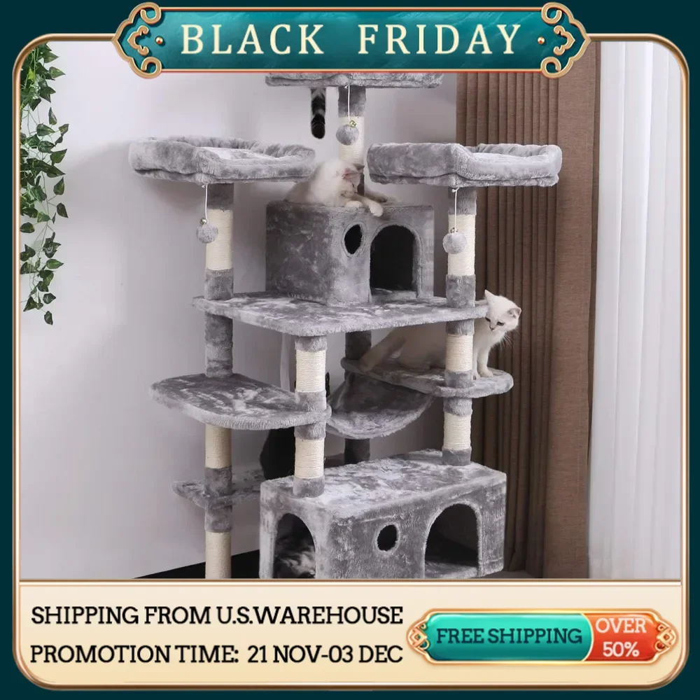 Large cat tree apartment with sisal flower scraping columns, cat hole and hammock, pet activity center cat tower