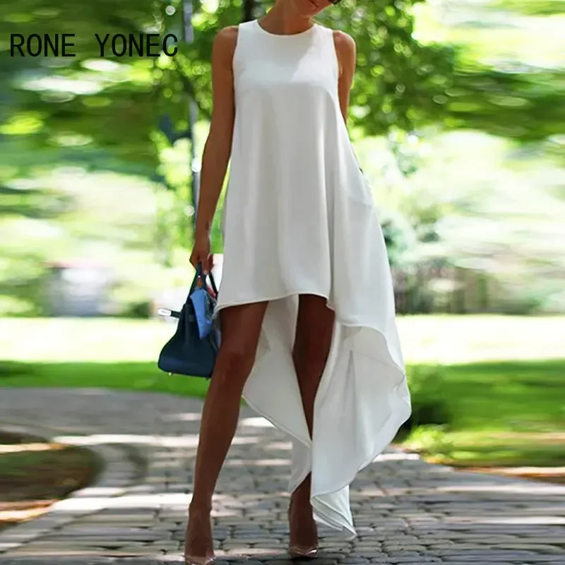 

Women Solid Tank Sleeveless Asymmetrical Maxi Summer Formal Party White Dresses