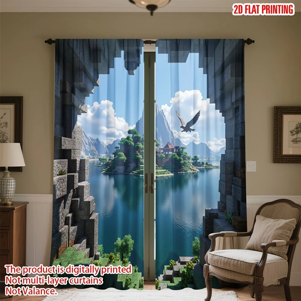 Cave Entrance Pixel Art Printed Window Curtains Luxury Fabric Drapery for Office Conference Room and Waiting Area