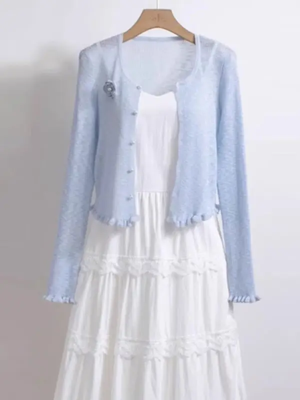 

Lightweight Knitted Cardigan Women's Summer Outerwear Floral 3D Embroidery Sun Protection Vest Top Shoulder Wrap Long Sleeve