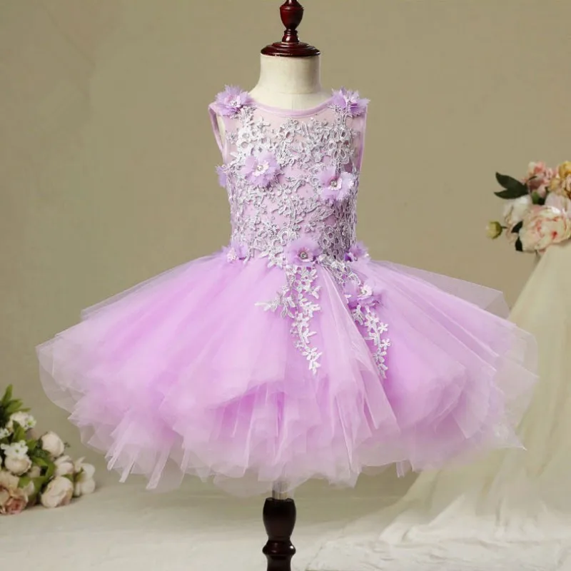 Elegant Long Trailing Appliques First Communion Dress Purple Tulle Ball Gown Kids Pageant Gown Flower Girl Dress for Weddings