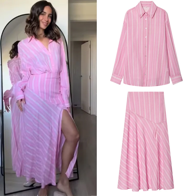 Women Fashion Skirt Stripes Long Sleeves Lapel Single Breasted Casual Shirt Top+Zipper Splicing Pleated Long Skirt Lady Suit