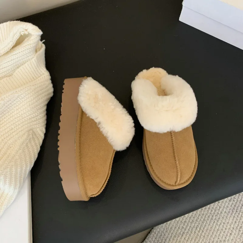 Shoes Woman 2024 Slippers Flat Cover Toe Platform Winter Footwear Pantofle New Shearling Slides PU Rome Fabric Fur Rubber Snow B