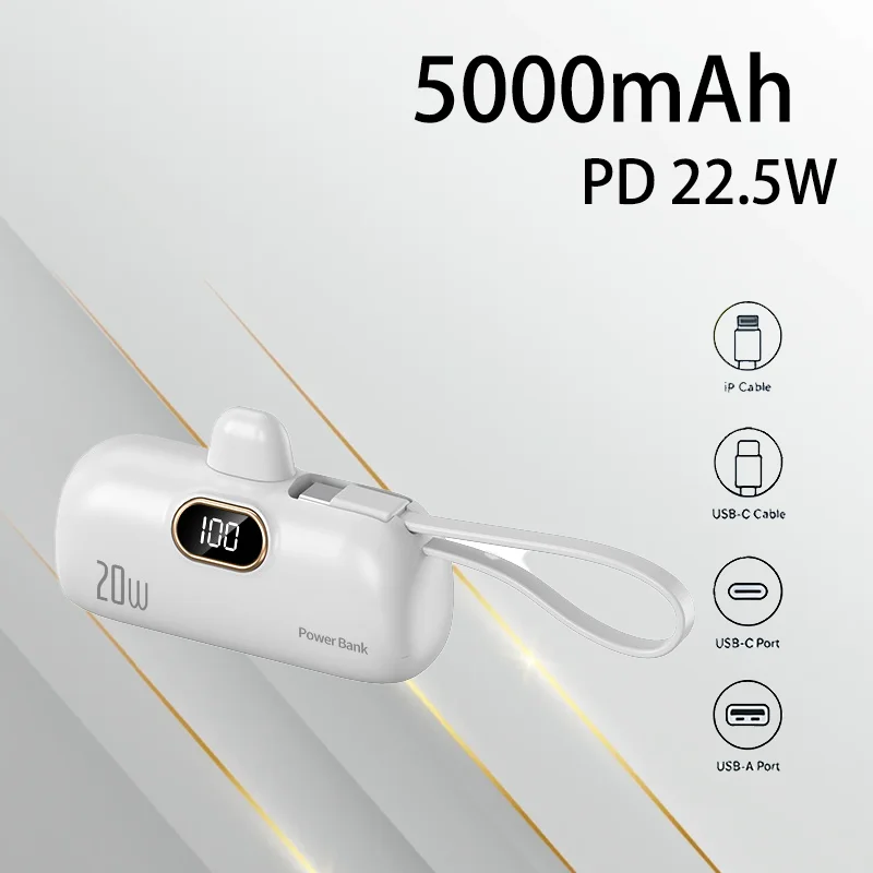 

Portable Mini 5000mAh Power Bank 22.5W Fast Charging Built in Cable Emergency Charger Lightweight Compact For Travel Outdoor Use