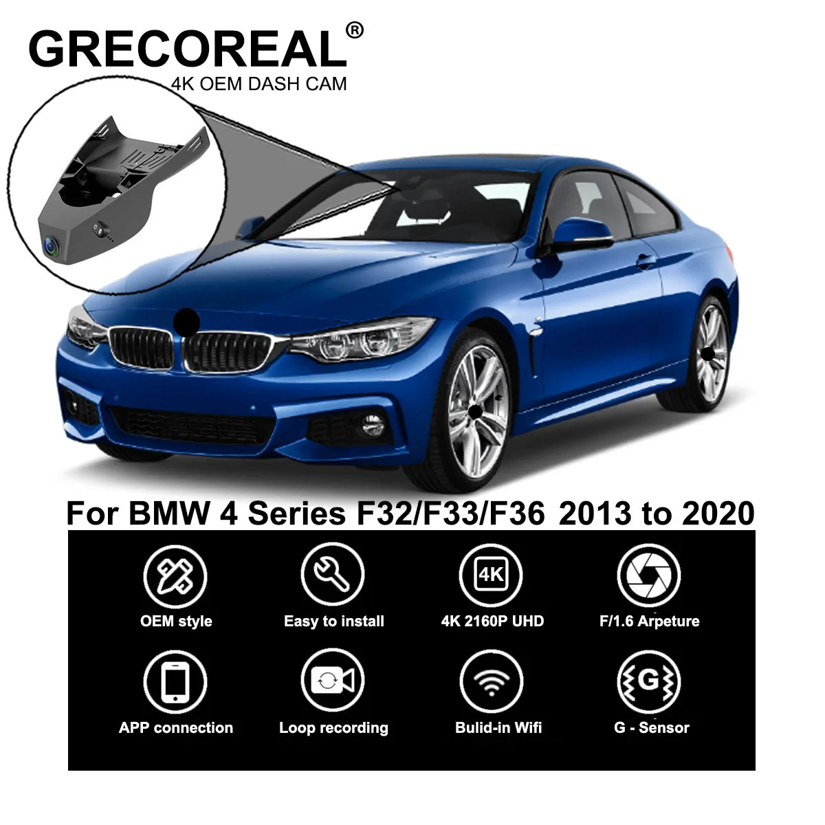 

GRECOREAL 4K Dash Cam Front and Rear 2160P WiFi Car Dual Dashcam APP Control Plug Play Compatible with BMW 4 Series F32 F33 F36