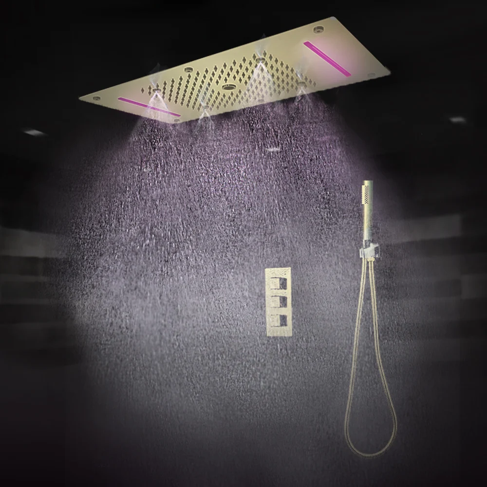 

Luxury Brushed Gold Concealed Thermostatic Bathroom Shower System with Multi-functional LED Ceiling Rain Shower Head Waterfall