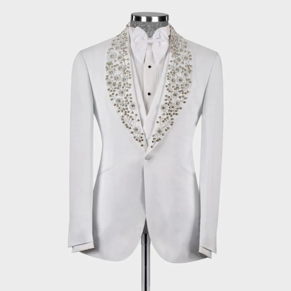 

Luxury Men‘s Wedding Tuxedos Crystals Beading Prom Blazer Sets Custom Made Formal Groomsman Suits 2 Pieces Male Blazer and Pants