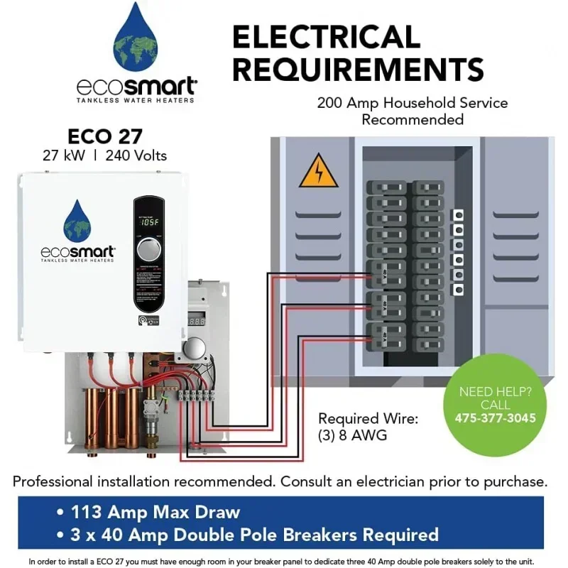 DD2EcoSmart eco 27 سخان مياه بدون خزان، كهربائي، 27 كيلو وات كمية 1,17x17x3.5