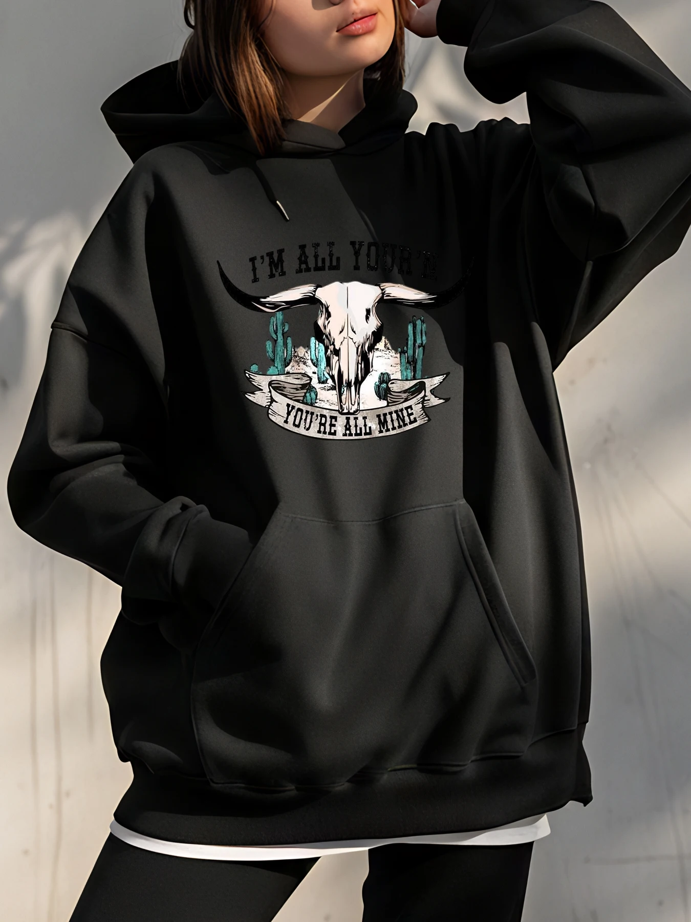 

Женская толстовка с капюшоном и принтом коровы и черепа, толстовка большого размера, повседневная уличная одежда, модная осенне-зимняя одежда для женщин