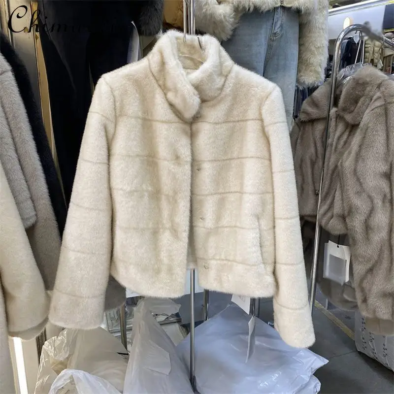 

Korean Style Fashion Commuter Stand Collar Long Sleeve Loose Versatile Thick Warm Plush Short Jacket Faux Fur Coats Women Winter