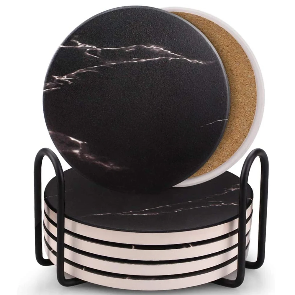 Coasters for Drinks, Ceramic Stone Coaster Set with Metal Holder Stand, Cork Base, Marble Surface Pattern Set of 6 Black