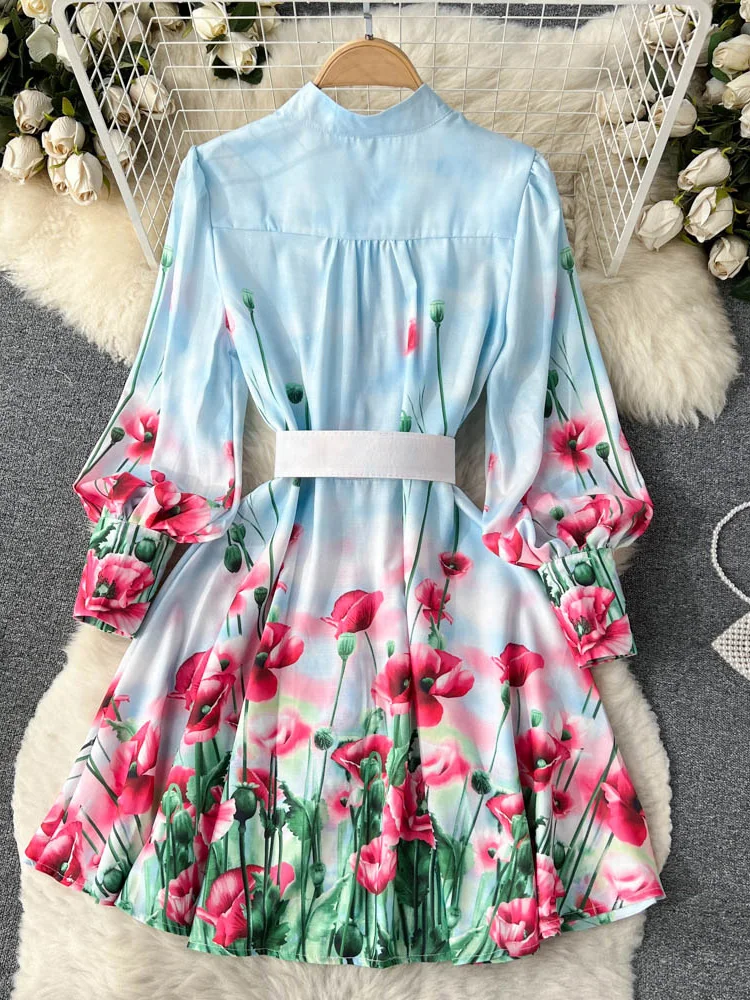 ALPHALMODA 2023 Spring New Floral Frill Long-sleeved Belted Sweet Women Dress Ladies Elegant Fashion Seasonal Outfit