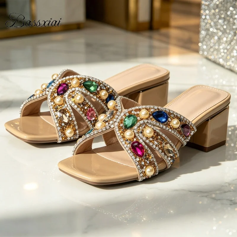 Colorful Rhinestone Crystal Decor Outwear Mules Summer Unique Square Heel Singbacks Modern Sandals Women