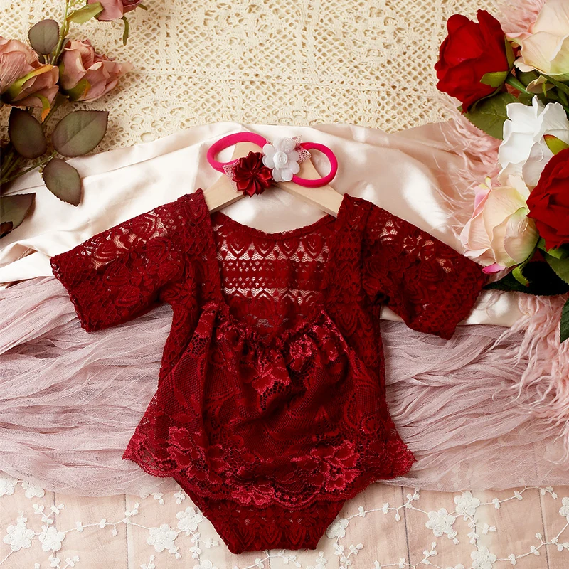 Ylsteed 2 Pieces Set Red Newborn Lace Romper with Floral Headband Baby Girl Photo Shooting Outfits Newborn Christmas Gift