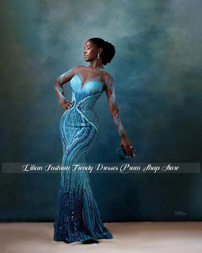 Customized Gradient Turquoise Mermaid Evening Gown Illusion Long Sleeve Rhinestone Beading African Prom Wedding Reception Dress