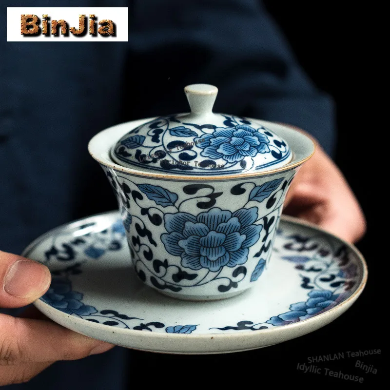 

200 мл сине-белая фарфоровая чаша для чая Gaiwan Ancient Tea Tureen с набором крышек, чаша для заваривания чая, чайный сервиз кунг-фу, украшения