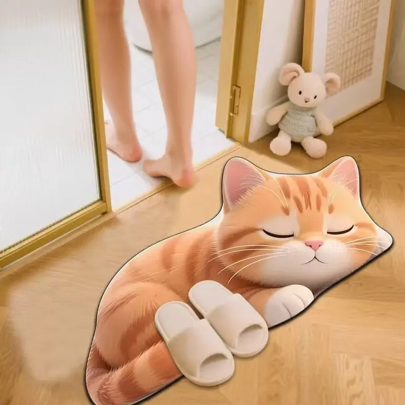 VIKAMA Orange Sleepy Cat Bedroom Door Mat Noise Reduction Non Slip Bedroom Non Slip Backing Low Maintenance Mat Home Decor