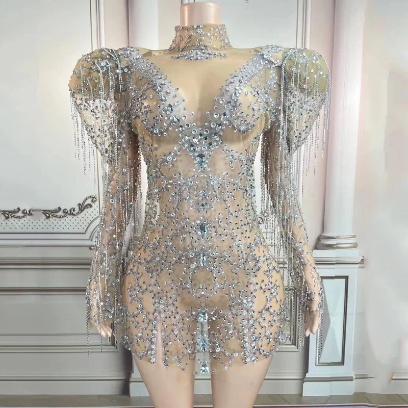 

Sparkly Shrug Rhinestone Dress Sexy Perspective Tassel Chain Tulle Gowns Women Party Evening Dresses Pole Dance Outfit XS4946