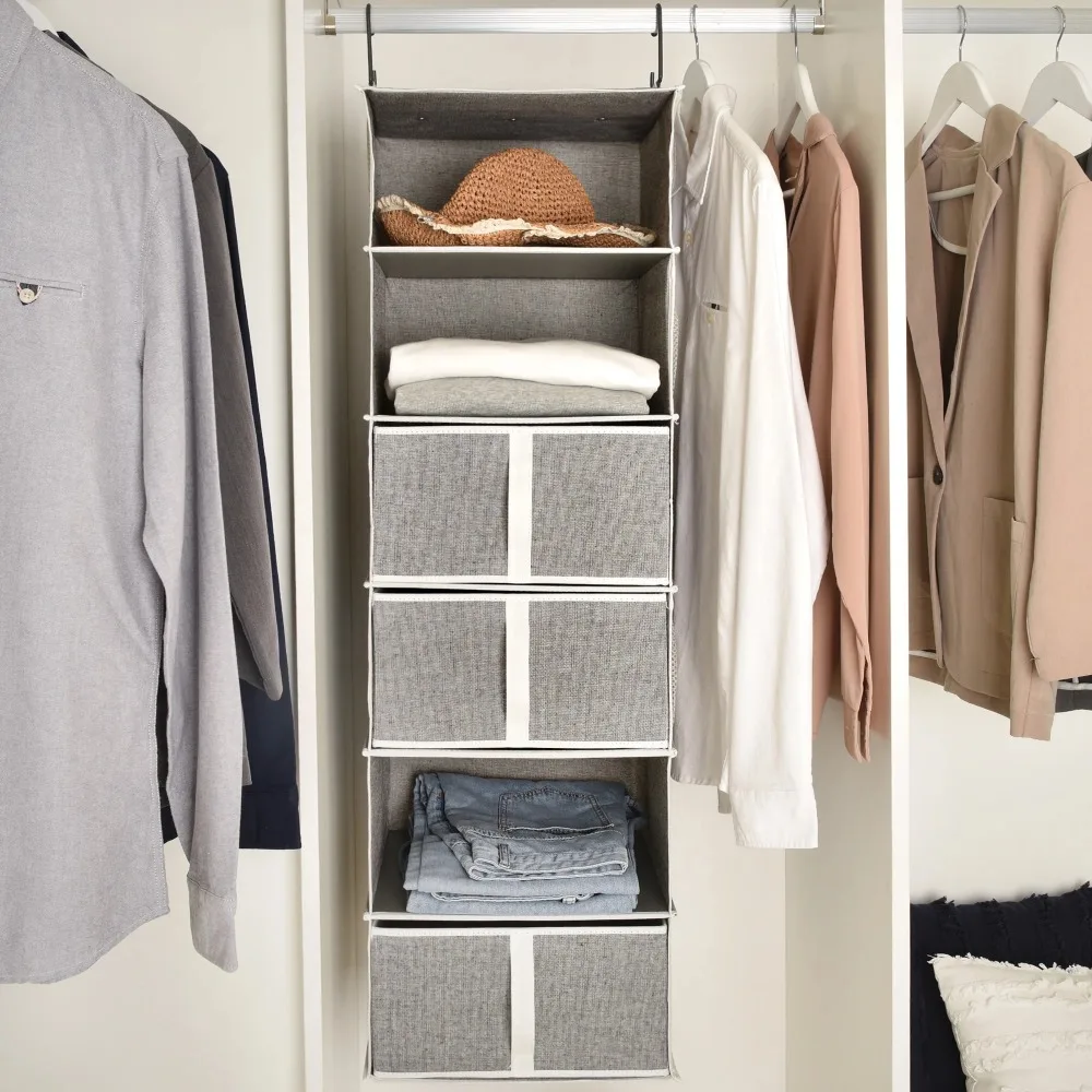 Foldable Hanging Closet Organizer with Drawers, 6-Shelf, Gray, 13.6 x 12.2 x 42.5