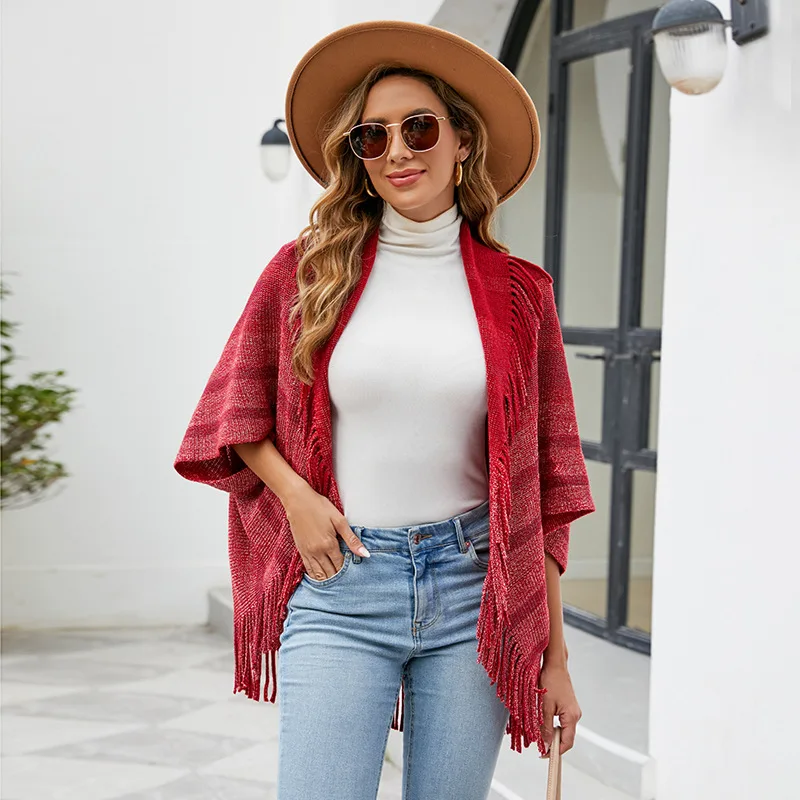 Foreign trade fringed shawl jacket women's 2023 autumn and winter new European and American knitted striped cape women