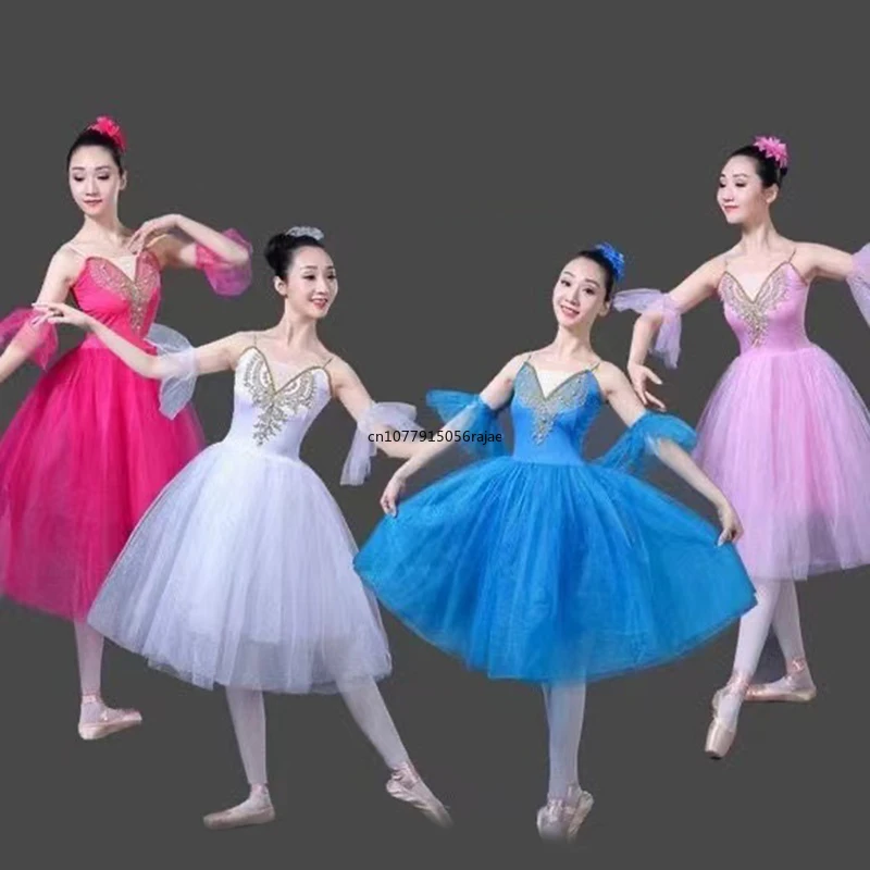 Lange Romantische Ballet Tutu Blauwe Balletjurk Performance Kleding Swan Lake Ballerine Femme Kinderen Meisjes Fee Ballet Kostuum