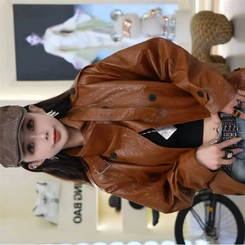 High end standing collar locomotive heavy industry oil wax PU protein leather coathigh waist design spring autumn jacket Female