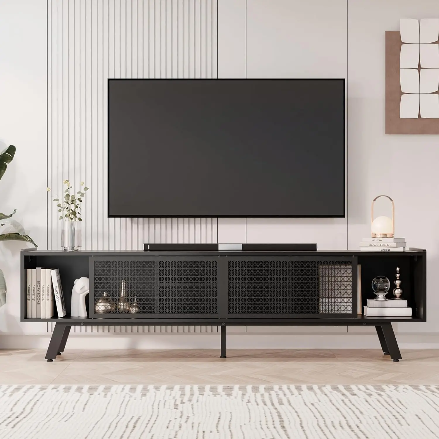 

Black Mid Century TV Stand For TVs Up To 80" Iron Rattan Entertainment Center With Sliding Door TV Media Console, Customized