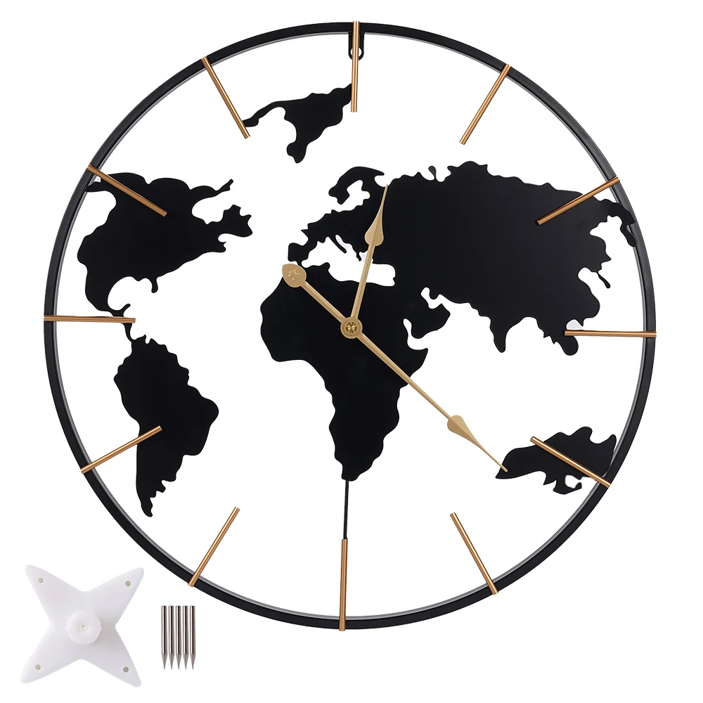 60Cm Wall Clock Round Hands Modern Simple Design Map Theme Decorative wall Decoration For The Living Room Study Dining Room