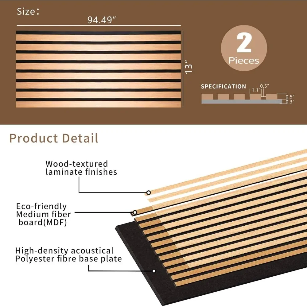 Paneles de pared de listones de madera acústica, panel absorbente de sonido estriado 3D de 94,49 pulgadas x 13 pulgadas de cada una, 0,82 pulgadas de profundidad (2 piezas), paneles de madera modernos